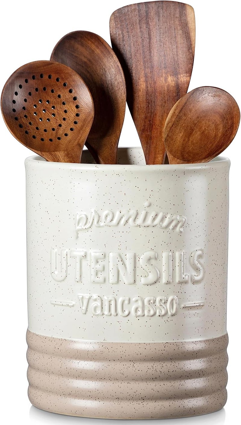 vancasso Sabine Utensil Holder, 7.2" Large Utensil Crock for Kitchen Counter, Ceramic Utensil Crock Storage, Matte Cream-Colored Farmhouse Utensil Organizer, Utensil Storage for Home Décor, Gifts - Image 1